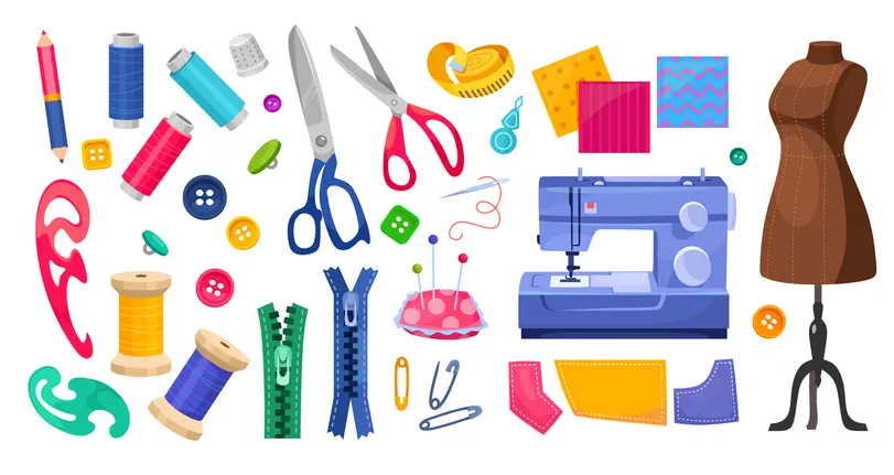 Colorful sewing tools and accessories arranged around a sewing machine.